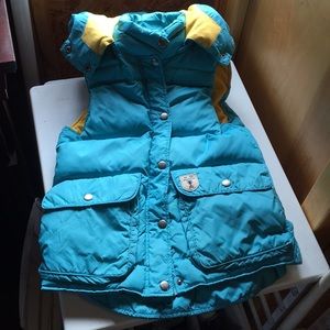 Down Vest SzS removable hood turquoise&yellow